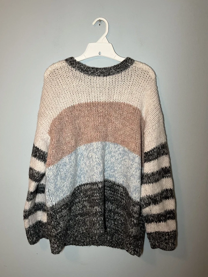 Suéter listrado azul difuso feminino American Eagle malha oversized XL aconchegante robusto - Imagem 2 de 4