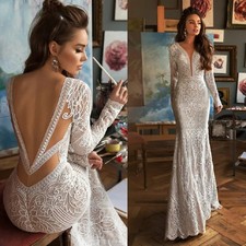 Deep V Neck Lace Mermaid Wedding Dress Backless Sweep Train Boho Bridal Gown