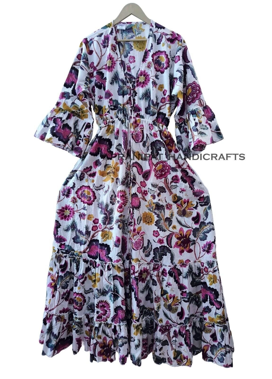 Indian Cotton Floral Print Blouson beach Cover up White Summer Party Wear Dress