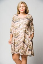 Womens Plus Size Brown Tie Dye Swing Dress 1XL Bell Sleeve Pockets 