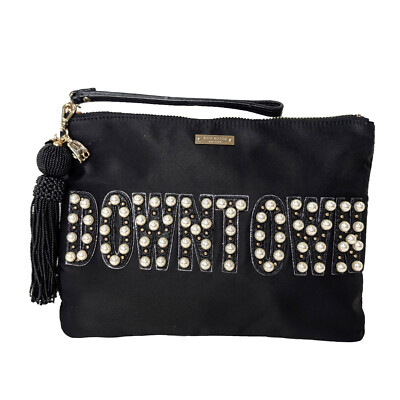 Kate Spade Black Downtown Pearl Embellished Clutch Chic Zip Pouch w Tassel $198