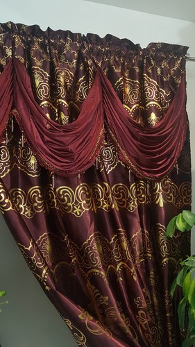 Novelty Grey/Brown/Red/Yellow Curtain Swags & Tails Gold Design with Tie-Backs - Picture 33 of 71