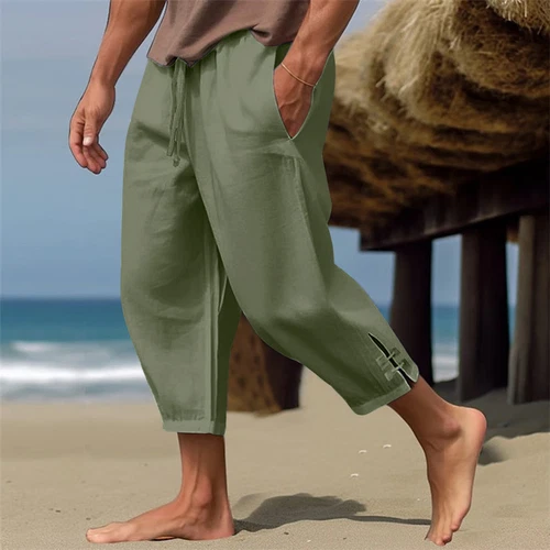 Men's Summer Cotton Linen Drawstring 3/4 Length Pants Casual Baggy Capri Shorts - Bild 20 von 39