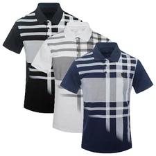 Mens Polo Shirt Designer Plaid Sport Stripe Front Print NEW Slim Fit Stretch