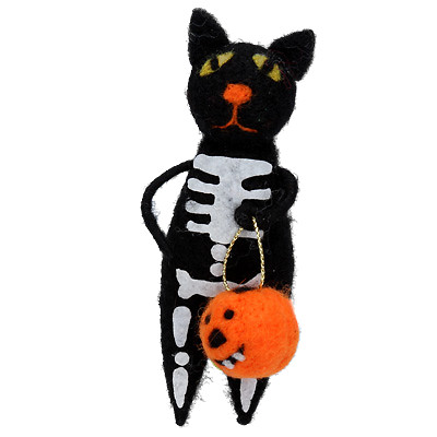 Gisela Graham Wollskelett Katze mit Kürbis hängende Halloween Dekoration