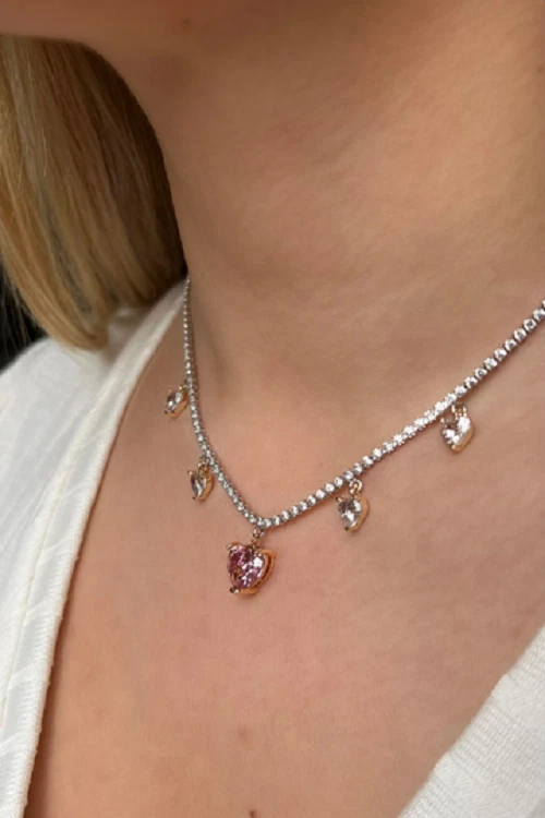 Hermoso Collar Tenis Corazón Gotas Zafiro Rosa y Diamantes Blancos Creados en Laboratorio Foto 2 de 4