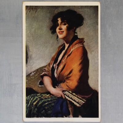 Brunette Femme fatale with guitar Antique postcard 1910s Schöne Frauen 