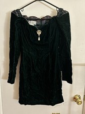 Vtg Jessica McClintock Bridal Dark Green Knee Velvet Dress Rare Pearl Sz 3/4