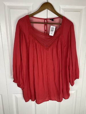 Torrid 3X Embroidered Blouse Red Top 3/4 Sleeve Boho Garden Party Eyelet Peasant