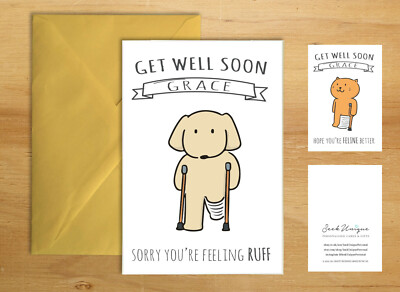 Carte De Voeux Humoristique 'Get Well Soon' - Motif Chien/Chat Malade - Personnalisable