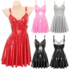 Womens Dress Sleeveless Mini Sexy Slip Dresses Patent Leather Clubwear Shiny