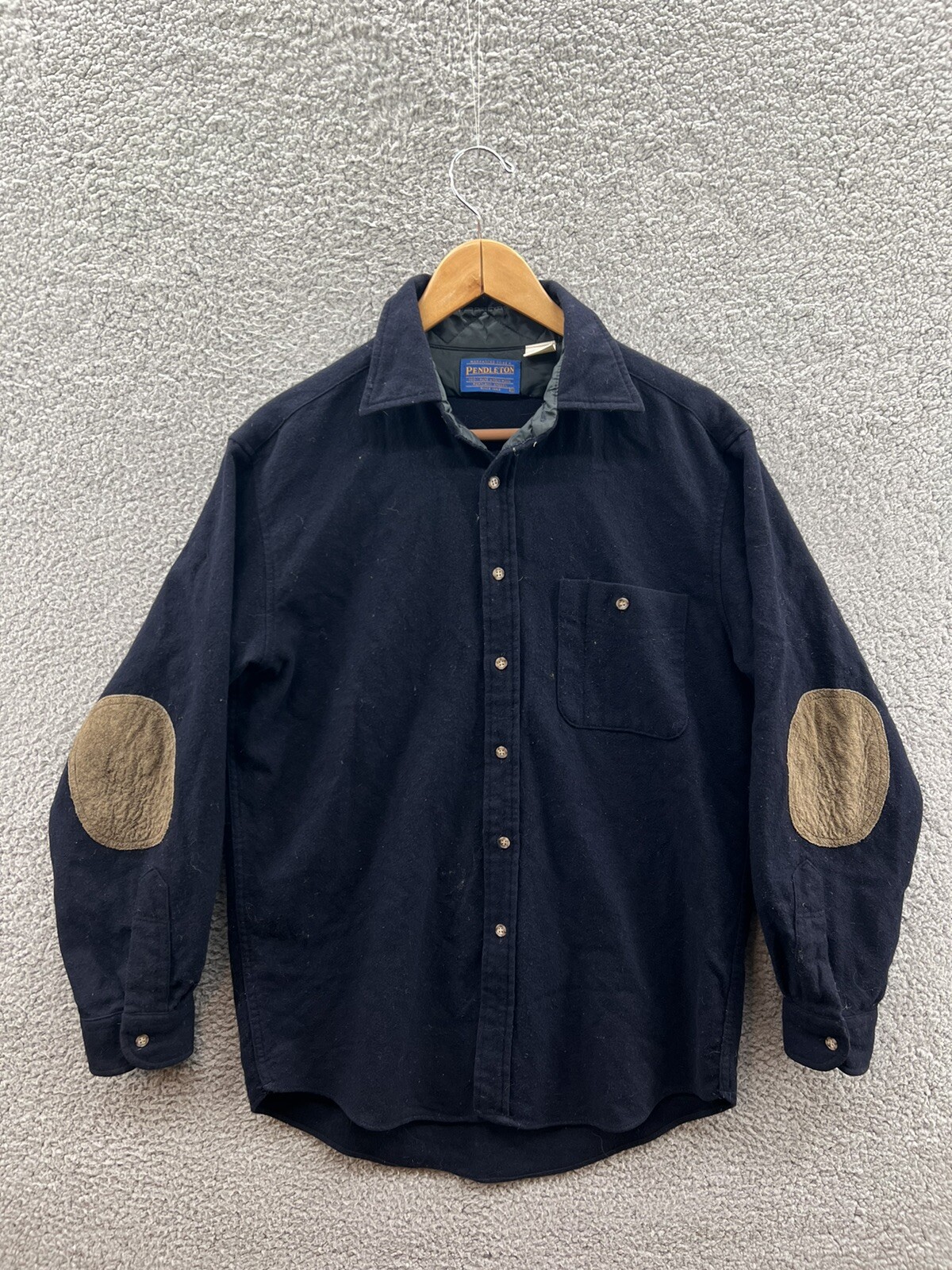Pendleton Virgin Wool Blue Button Up Suede Elbow … - image 1