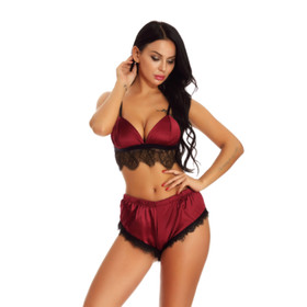 Women's Lingerie Bra and Shorts Set Thin Shoulder Lace Pajamas Set Underwear US