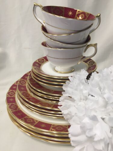 (20 Pieces) Aynsley Burgundy & Gold (Four) 5-PIECE PLACE SETTINGS #126 - Picture 1 of 12