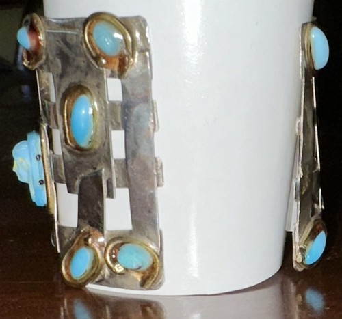 Unmarked Silver Scarab Turquoise Cuff Bracelet 2-1/8"-wide Handmade - Picture 11 of 11