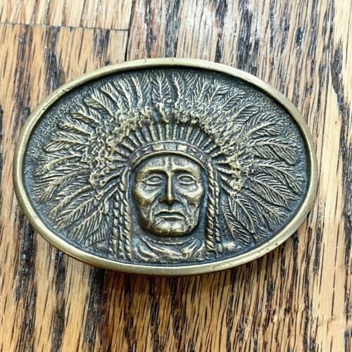 Solid Brass Native American Feather Headdress BTS Vintage Belt Buckle - Picture 1 of 9