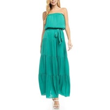 Naked Zebra Tuscany Maxi Dress M Emerald Green Boho Tiered Strapless Tube Belted
