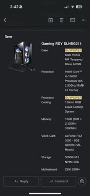 iBUYPOWER Gaming PC NVIDA GEFORCE RTX 3050 Intel Core I5 12400F CPU 24gb OF RAM