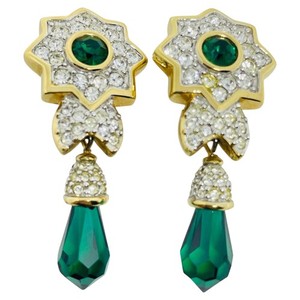 Authentic SWAROVSKI swan signed gold plated emerald crystal drop designer clip on earrings