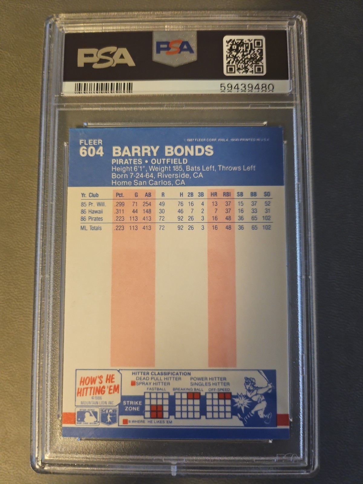 1987 Fleer #604 Barry Bonds Pirates ROOKIE RC MINT PSA 9 Graded New SLAB view 2