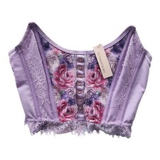 Victoria's Secret Lilac Floral Corset Top Bustier Lace Trim Hook and Eye M-DD