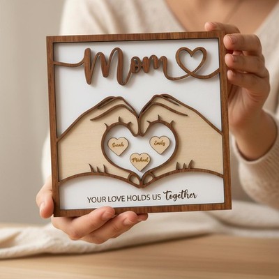 Personalized Mom Family Wood Sign, Custom Names Heart Hands Design, Mother s Day