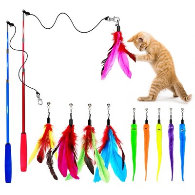 12 PCs Cat Toy - Interactive Wand and Feather Toy with Refills for Indoor Cats 