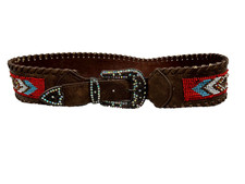 Native American Leather Belt 38" Brown Beaded Rhinestone Tribal 3" Wide Thick
