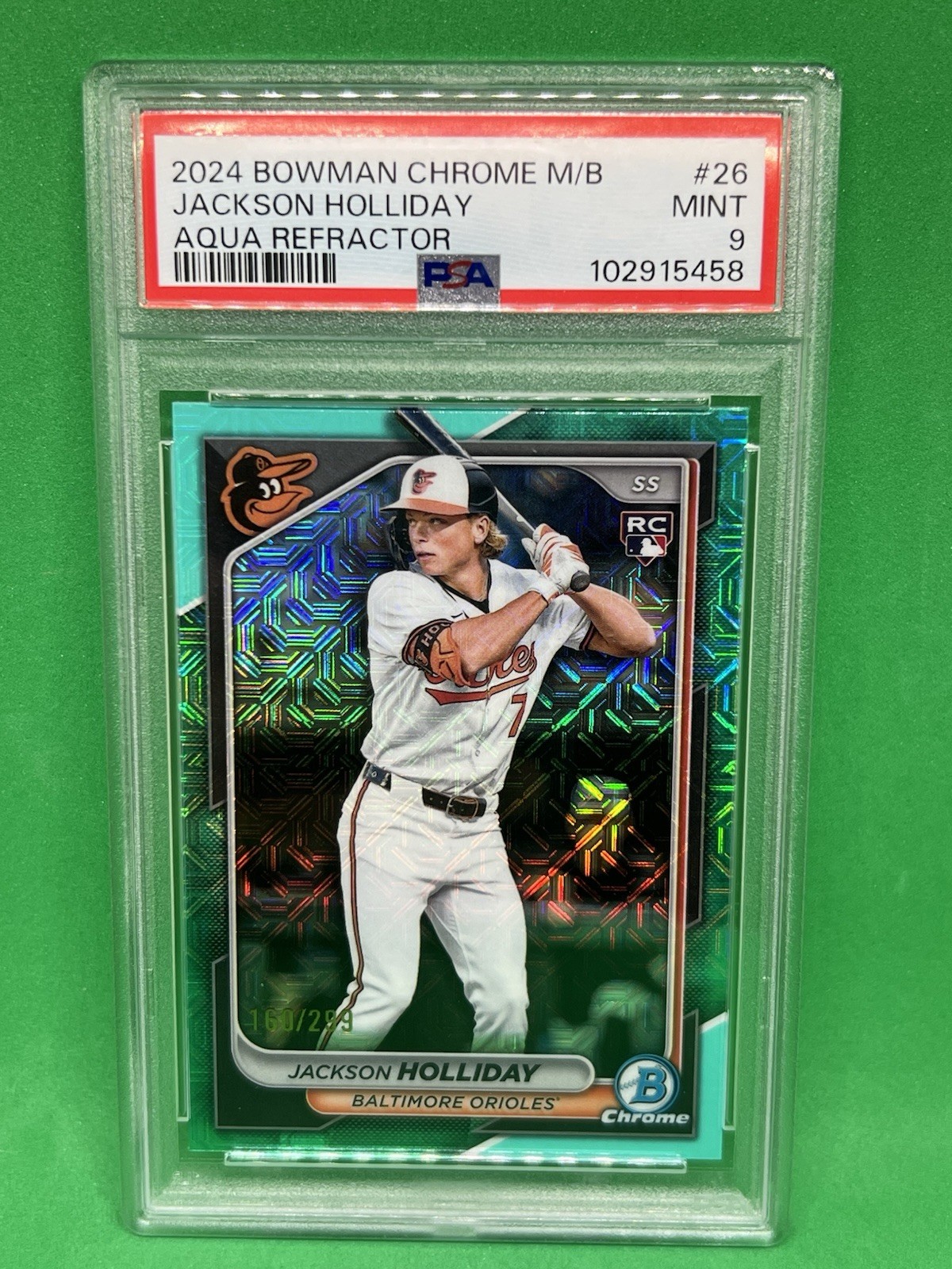 Jackson Holliday 2024 Bowman Chrome Mega Aqua Refractor RC /299 PSA 9