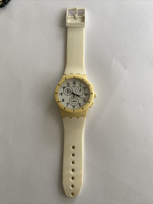 Swatch Originals Twice Again Chrono Cream Silicone Watch New Battery