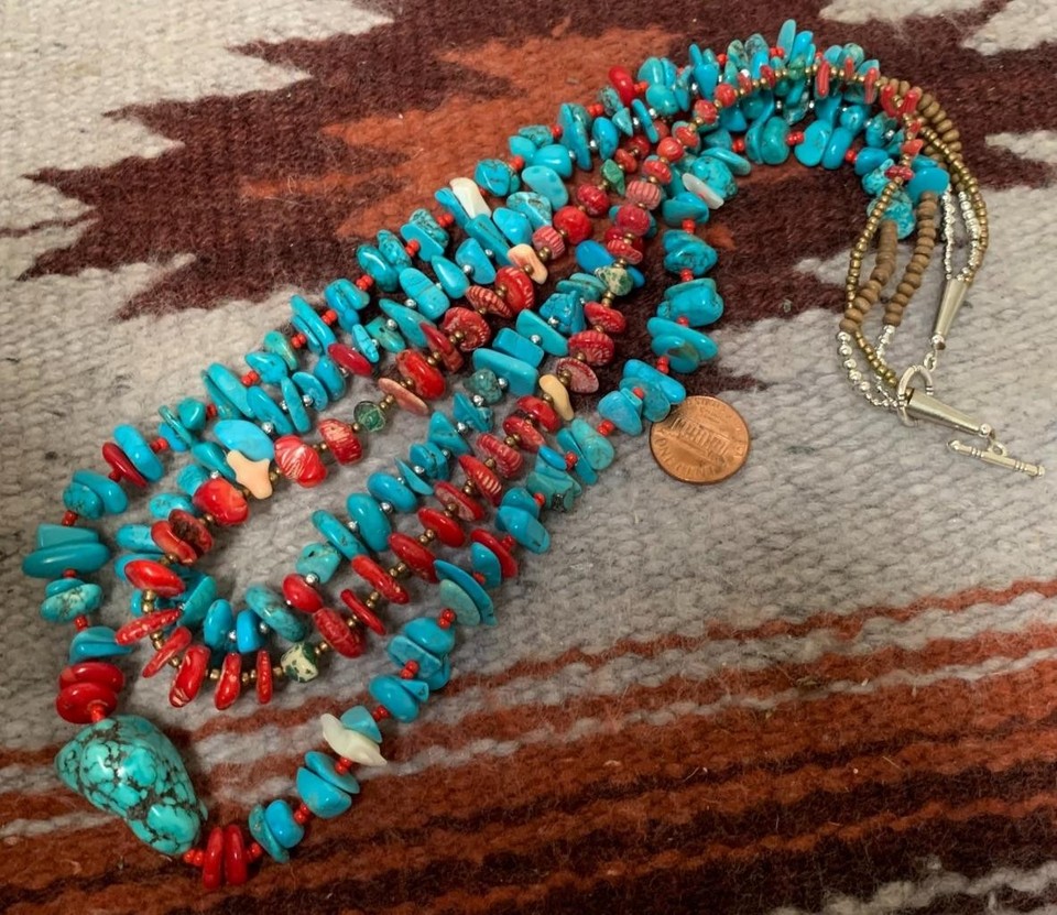 Collier Multi Brins Turquoise/corail – Fait Main, Style Amérindien, 22 Pouces