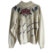 Vintage Alfred Dunner XL Cream Floral Embroidered Mock Neck Cable Knit Sweater