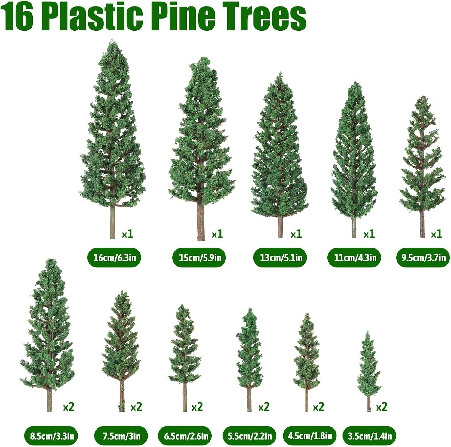16 Pcs Model Pine Trees, 1.4-6.3 Inch Mixed Miniature Trees Diorama Green 