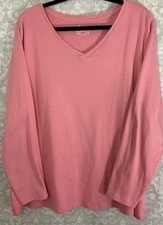 Denim & Co. Women’s T-Shirt Tunic 2X Pink V-Neck Long-Sleeve Top Essentials