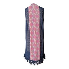 Navy Blue Open Knit Longline Fringe Vest Pink Chevron Back Duster Made in USA