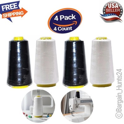 (2 WHITE & 2 BLACK) 2500 Yards Each Spool Sewing Thread 100% Polyester (Pk of 4)