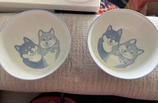 Mino Ware Japan Blue Shiba Inu Pattern Ceramic Small Soup Cereal Bowls Set Of 2