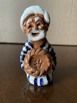 Uzbek Ceramic Figurine Old Man with Bread Hand Painted Folk Art