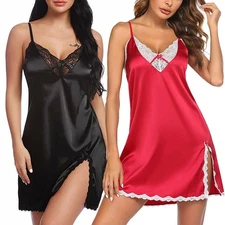 Sexy Women's Satin Lace Chemise Nightgown Lingerie Negligee Sling Nightshirt US