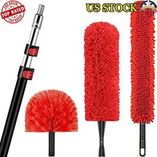 20 Ft High Reach Dusting Kit Telescopic Pole Cobweb Duster Microfiber Clean Red