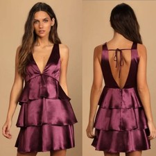 LULUS Tiers of Joy Plum Purple Satin Tie-Back Tiered Mini Dress Size XS
