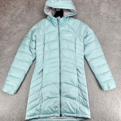 Columbia Karis Gale Long Hooded Puffer Jacket Womens S Aqua Haze