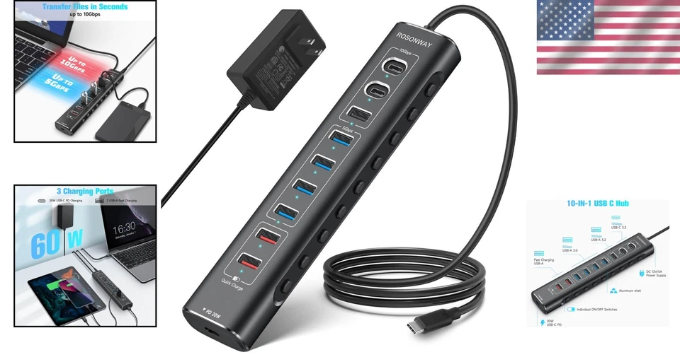 10-Port USB-C Hub with 3.3 ft Cable and Surge Protection - Image 2 of 4