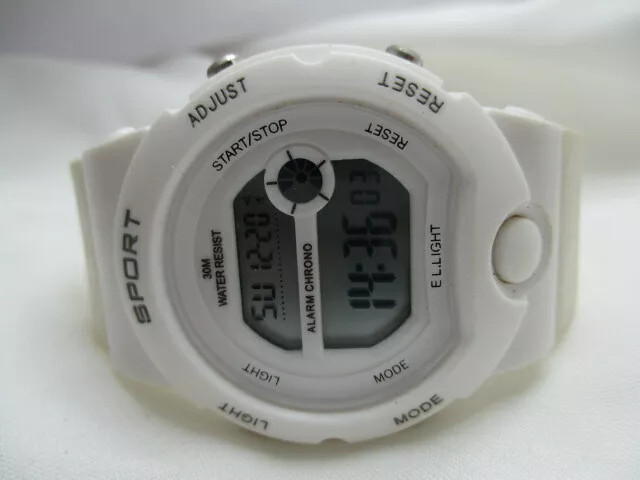 Women s Digital Sport Watch White Buckle Band Water Resistant 30