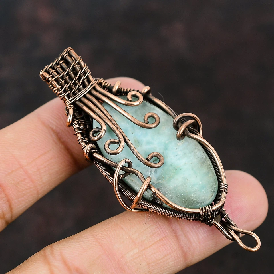 Joyería de piedras preciosas Larimar regalo de cobre para dama de honor colgante envuelto en alambre 2,64" Foto 4 de 4