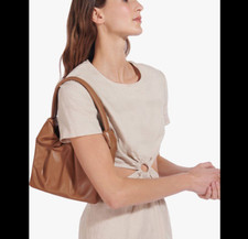 STAUD The Felix Bag Ruched Leather Top Handle in Tan Brown MSRP 355