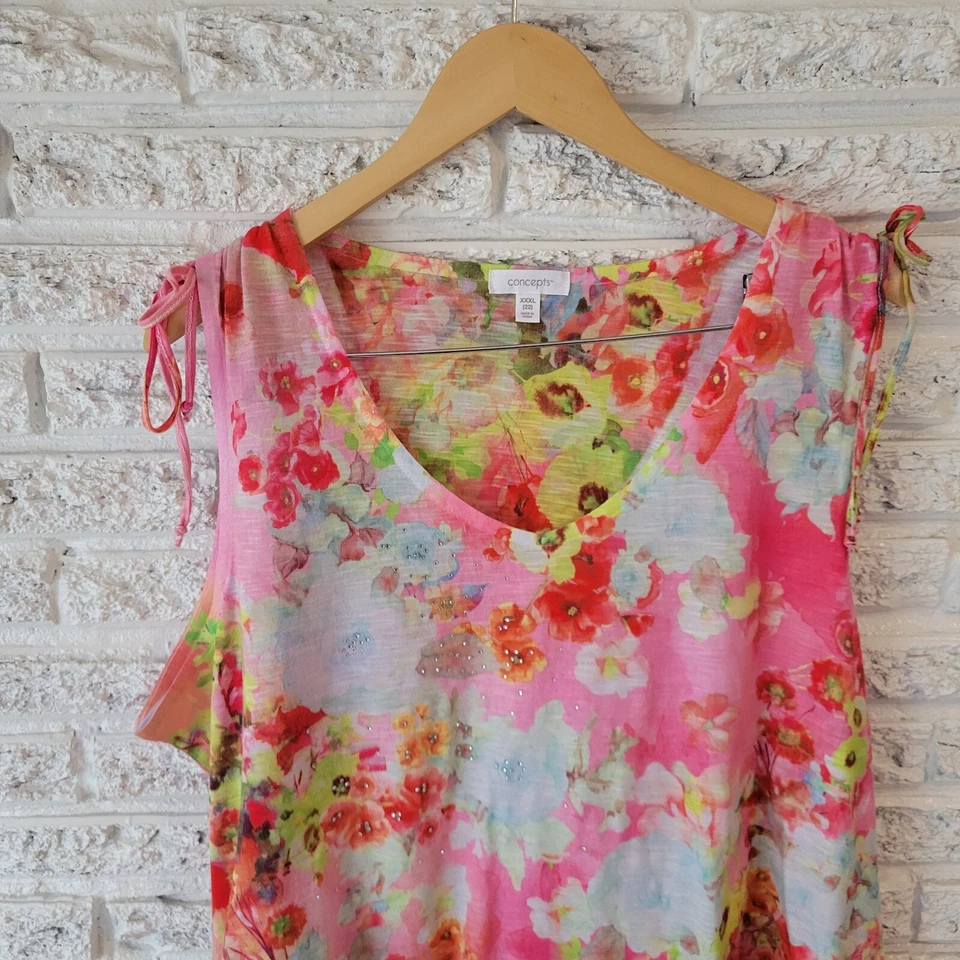 Concepts Womens Top XXXL 22 Plus Tank Pink Blue Floral Rhinestones Lightweight - Image 3 of 4