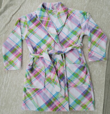 Women's Adonna Green, Pink, Blue Plaid Short Belted Fleece Robe Size Medium