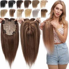 Women Clip In 100 Remy Human Hair Hairpiece Silk Mono Base Topper Toupee Wig US