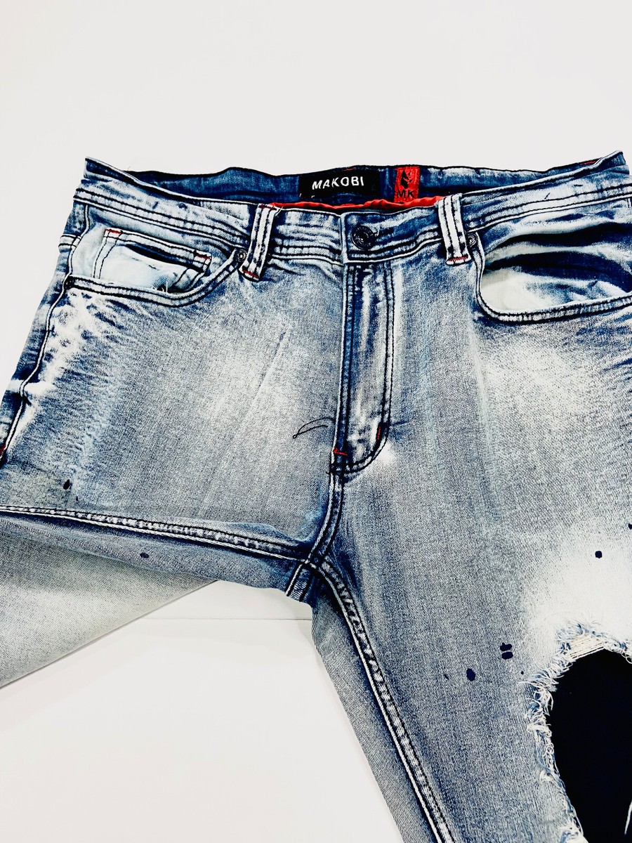 MAKOBI Jeans Men Sz 36x34 Ripped Acid Wash SlimStraight